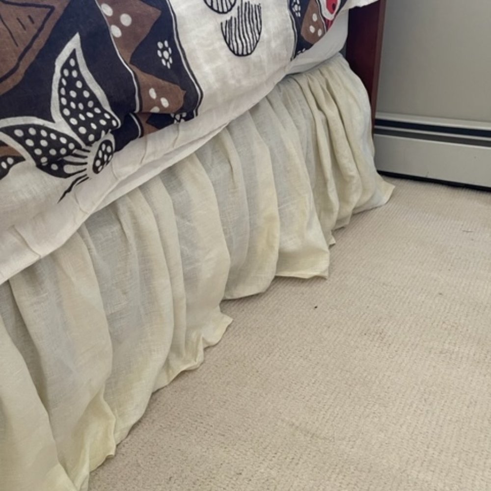 Cream LINEN BED SKIRT WITH GATHERED RUFFLES AND COTTON DECKING
